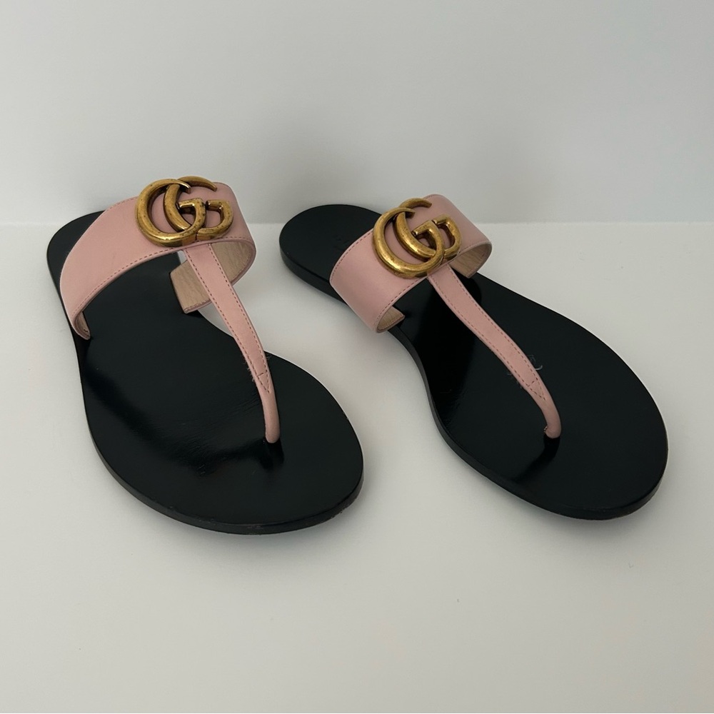 Gucci Marmont GG Thong Sandals Light Pink Leather Flat Flip Flop Slide IT 36